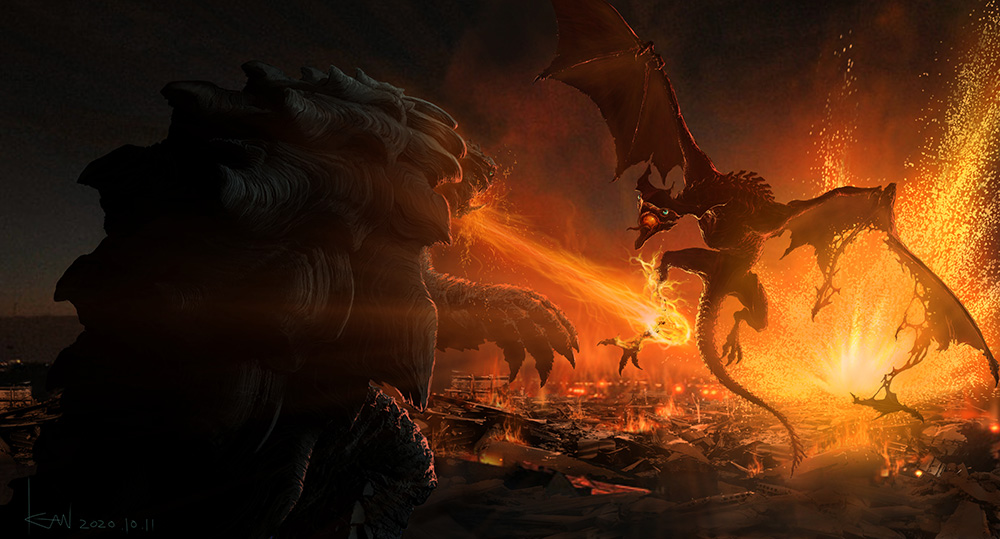 amputated_leg, amputation, amputee, breath_weapon, building, city, claws, concept_art