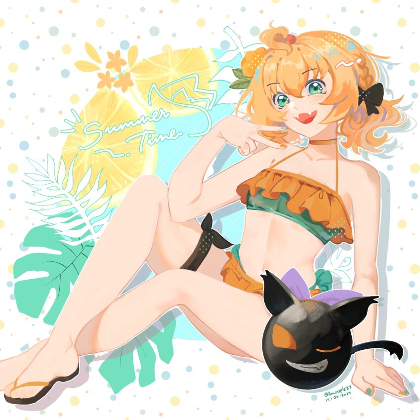 1girl, am_(maple27), aqua_bikini, aqua_nails, beads, bikini, blonde_hair, bow, braid, breasts, dated, english_text, fangs, flower, frilled_bikini, frills, green_eyes, hair_beads, hair_bow, hair_flower, hair_ornament, highres, lucie_(millie_parfait), millie_parfait, navel, nijisanji, nijisanji_en, open_mouth, orange_bikini, orange_nails, sandals, short_hair, sitting, small_breasts, smile, swimsuit, twitter_username, v, virtual_youtuber