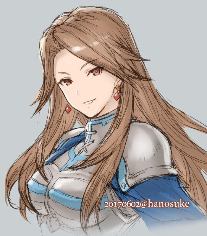 1girl, 2017, armor, breastplate, brown_hair, dated, earrings, granblue_fantasy