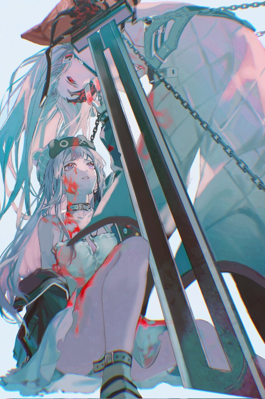2girls, bent_over, black_gloves, black_jacket, blood, blood_on_arm, blood_on_chest, blood_on_clothes, blood_on_face, blood_on_hands, blood_on_leg, chain, choker, chromatic_aberration, dress, earrings, gloves, grey_hair, hair_between_eyes, hela_(path_to_nowhere), highres, holding, holding_weapon, injury, jacket, jewelry, light_purple_hair, long_hair, looking_up, multiple_girls, ninety-nine_(path_to_nowhere), pants, path_to_nowhere, purple_eyes, red_eyes, sitting, sleeveless, sleeveless_dress, sword, weapon, white_dress, white_pants, ye_(pixiv4862539)