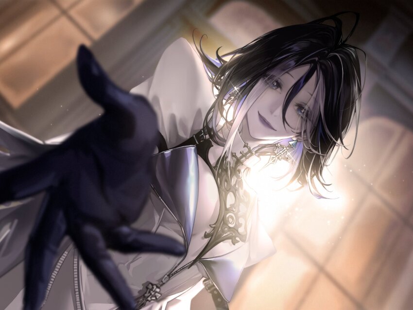 1girl, adela_(path_to_nowhere), black_gloves, blue_eyes, blue_hair, breasts, center_opening, cleavage