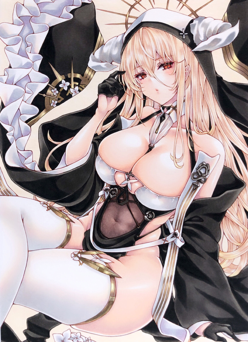 1girl, :o, azur_lane, bare_shoulders, between_breasts, black_gloves, blonde_hair, breast_cutouts