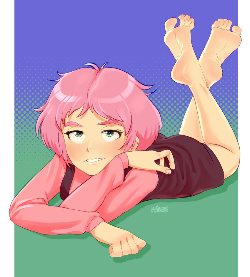 1girl, absurdres, aelita, barefoot, blue_background, blush, code_lyoko, crossed_legs, dress, eyelashes, feet, feet_up, full_body, gradient_background, green_background, green_eyes, hand_up, head_rest, highres, legs, long_sleeves, looking_at_viewer, lying, medium_hair, on_stomach, parted_lips, pink_shirt, red_dress, shadow, shirt, short_dress, sidelocks, soles, solo, spread_toes, staerk, swept_bangs, the_pose, toes, twitter_username