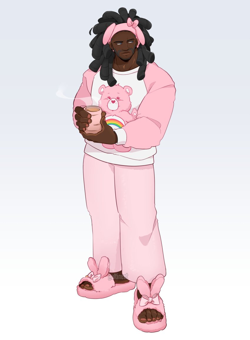 1boy, absurdres, black_hair, blue_eyes, cup, dark-skinned_male, dark_skin, dreadlocks