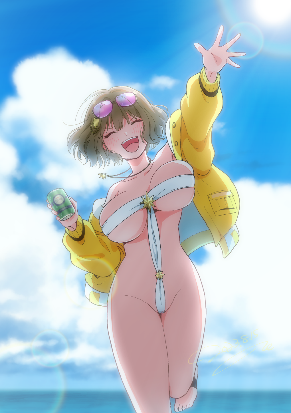 1girl, ahoge, anis_(nikke), anis_(sparkling_summer)_(nikke), bare_shoulders, beach, bikini, blue_sky, breasts, brown_hair, can, cleavage, collarbone, day, drink_can, eyewear_on_head, goddess_of_victory:_nikke, hair_ornament, hand_up, highres, holding, holding_can, jacket, jewelry, large_breasts, long_sleeves, navel, necklace, niki_(nikism1987), off_shoulder, open_clothes, open_jacket, parted_lips, reaching, reaching_towards_viewer, short_hair, sky, smile, soda_can, solo, sunglasses, swimsuit, teeth, thighs, underboob, upper_teeth_only, water, waving, wet, white_bikini, yellow_jacket