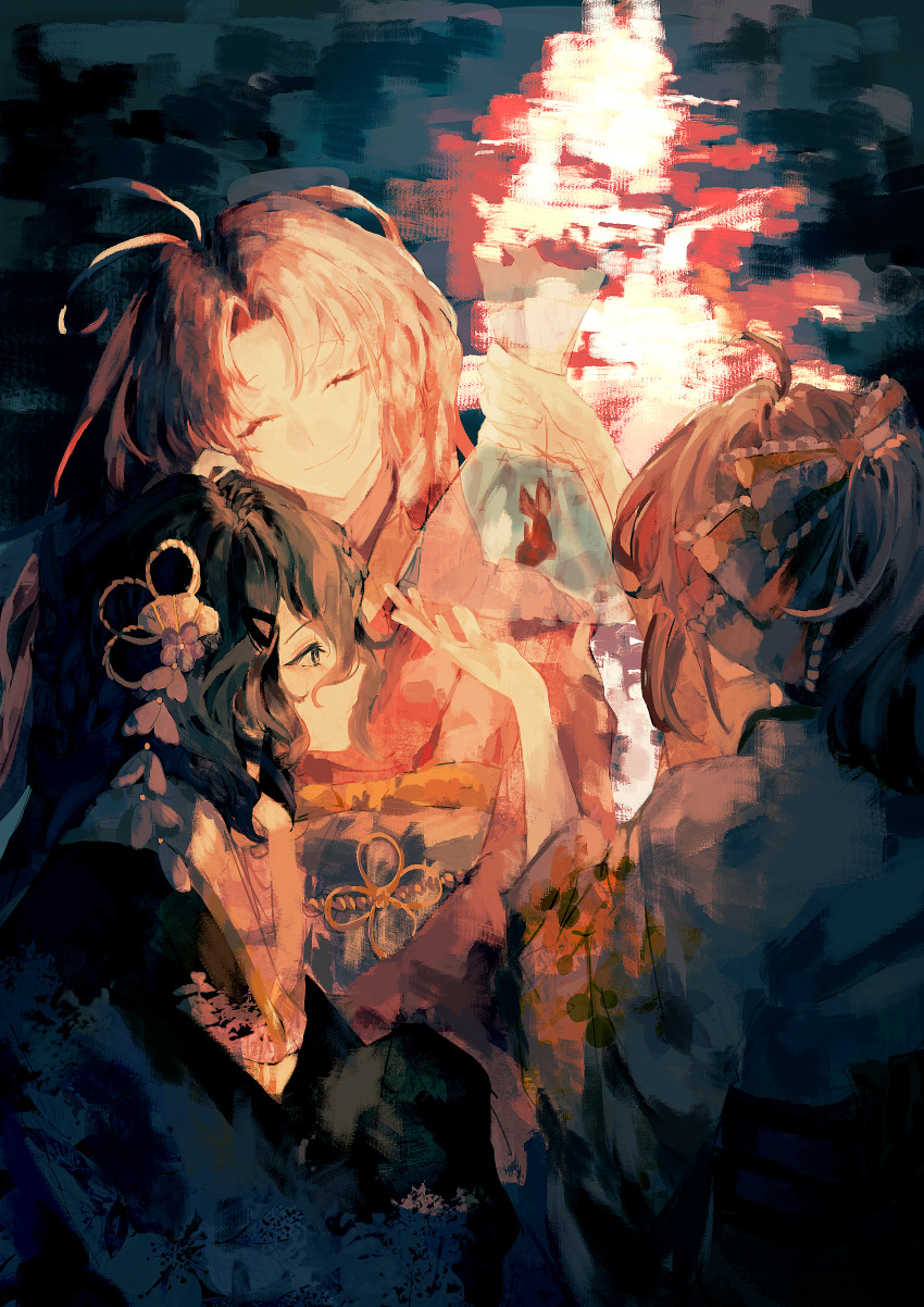 3boys, absurdres, alternate_costume, antenna_hair, bag, bagged_fish, black_hair, black_kimono