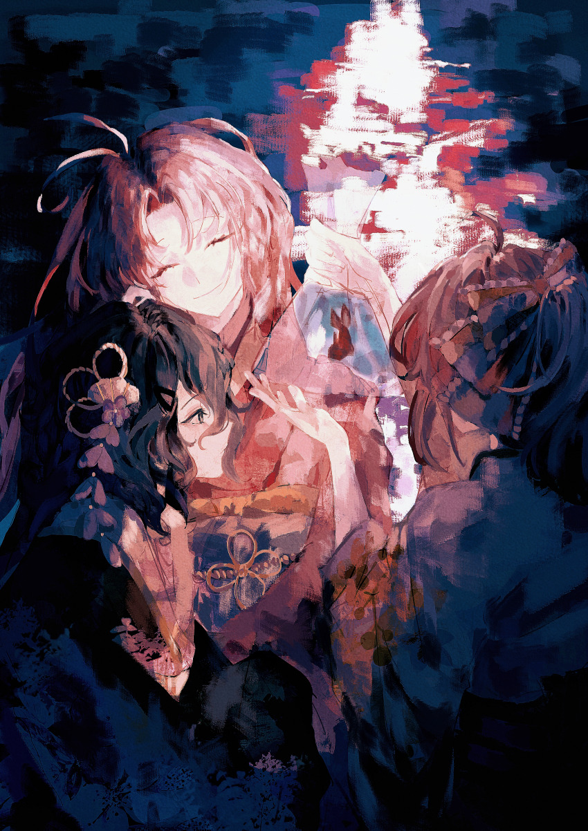 3boys, absurdres, alternate_costume, antenna_hair, bag, bagged_fish, black_hair, black_kimono