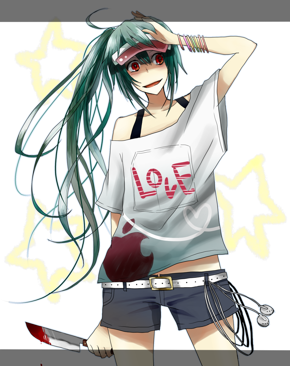 1girl, aqua_hair, bad_id, bad_pixiv_id, belt, blood, bracelet, female_focus