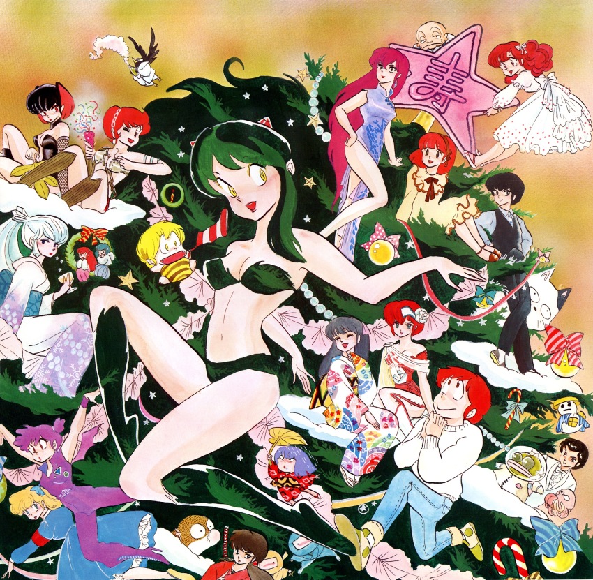 6+boys, 6+girls, amefurashi_(urusei_yatsura), animal, armband, armor, bald, bat_wings, benten_(urusei_yatsura), bikini, bikini_armor, bird, black_footwear, black_hair, blonde_hair, blue_dress, blush, boots, bow, candy, candy_cane, cat, chain, character_request, cherry_(urusei_yatsura), china_dress, chinese_clothes, christmas, christmas_ornaments, christmas_stocking, christmas_tree, christmas_wreath, cone_horns, crow, cup, curly_hair, dappya_monster, denim, dress, drinking_glass, elle_de_rosenbach, everyone, fangs, fishnet_gloves, fishnets, flower, food, formal_clothes, fujinami_ryuunosuke, gloves, green_bikini, green_hair, grey_hair, hair_bow, hair_flower, hair_ornament, hand_fan, headband, highres, holding, holding_animal, holding_cup, holding_fan, holding_party_popper, holding_star, horns, in_tree, japanese_clothes, jeans, jumpsuit, kaede_(urusei_yatsura), kimono, komori_(urusei_yatsura), kotatsu-neko, kurama_(urusei_yatsura), leaf_fan, leaf_umbrella, long_hair, lum, mendou_ryouko, mendou_shuutarou, miyake_shinobu, moroboshi_ataru, multicolored_kimono, multiple_boys, multiple_girls, ninja, non-web_source, octopus, official_art, ojou-sama_pose, on_cloud, open_mouth, orange_trim, own_hands_clasped, own_hands_together, oyuki_(urusei_yatsura), pants, party_popper, pointy_ears, ponytail, pool_demon_(urusei_yatsura), purple_hair, purple_jumpsuit, red_armband, red_hair, red_kimono, rose, short_hair, side_slit, single_horn, sitting, sitting_in_tree, smile, snowman, star_(symbol), striped_bow, suit, sweater, swimsuit, sword, sword_on_back, takahashi_rumiko, ten_(urusei_yatsura), tree, tree_print, urusei_yatsura, very_long_hair, very_short_hair, weapon, weapon_on_back, wendy_(urusei_yatsura), white_dress, white_flower, white_hair, white_kimono, white_rose, white_suit, white_sweater, wine_glass, wings, wreath, yellow_dress, yellow_eyes