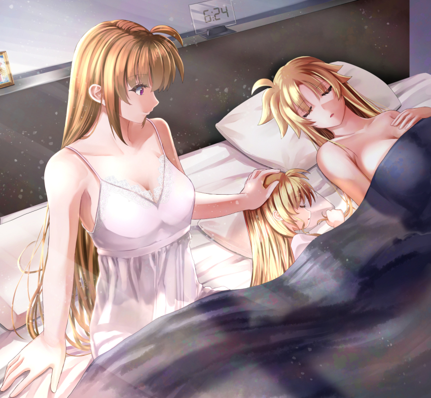 3girls, bed, blonde_hair, breasts, brown_hair, closed_eyes, couple, fate_testarossa, happy, headpat, highres, large_breasts, lying, lyrical_nanoha, mahou_shoujo_lyrical_nanoha, mother_and_child, mother_and_daughter, multiple_girls, parent_and_child, pillow, purple_eyes, sleeping, smile, sougetsu_izuki, takamachi_nanoha, vivio, yuri