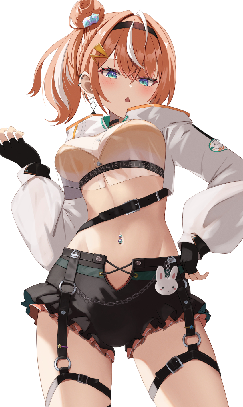 1girl, absurdres, belt, black_belt, black_choker, black_gloves, black_headband, black_shorts, blue_eyes, bra, breasts, choker, cleavage, contrapposto, cowboy_shot, crop_top, crop_top_overhang, cropped_jacket, cube_hair_ornament, fingerless_gloves, frilled_shorts, frills, garter_straps, gloves, hair_bun, hair_ornament, hairband, hand_on_own_hip, headband, highres, igarashi_rika, igarashi_rika_(2nd_costume), jacket, large_breasts, long_hair, long_sleeves, looking_at_viewer, loose_belt, multicolored_hair, navel_piercing, nijisanji, open_fly, orange_bra, orange_hair, piercing, puffy_long_sleeves, puffy_sleeves, see-through_clothes, see-through_cleavage, see-through_shirt, short_shorts, shorts, simple_background, single_side_bun, solo, suspenders, takechi49, underwear, virtual_youtuber, white_background, white_hair, white_jacket