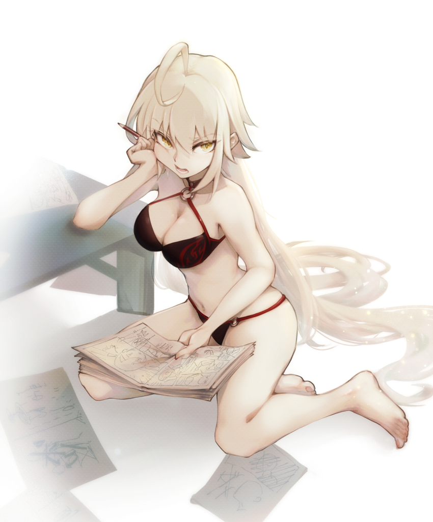 1girl, absurdres, ahoge, barefoot, bikini, black_bikini, breasts, fate/grand_order