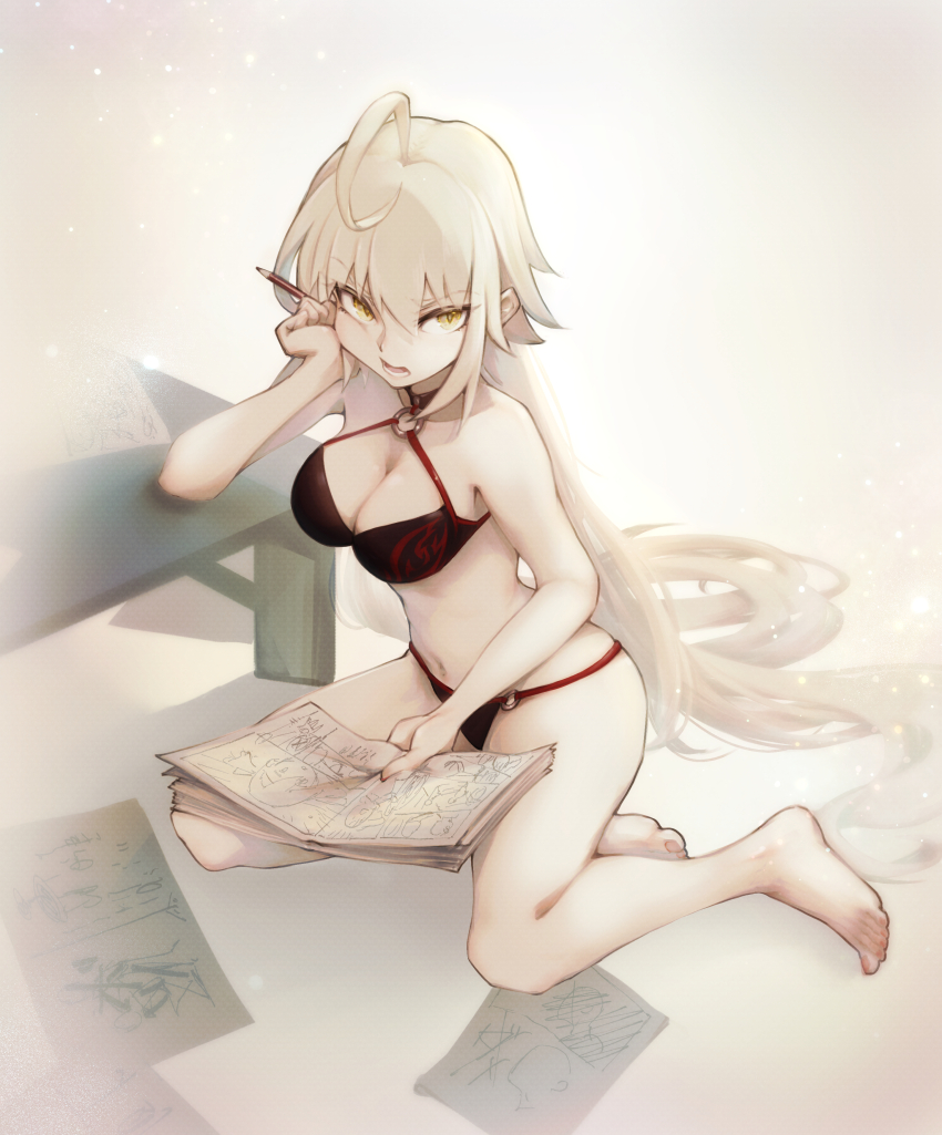 1girl, absurdres, ahoge, barefoot, bikini, black_bikini, breasts, fate/grand_order