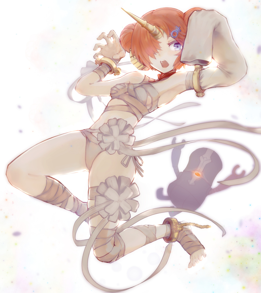 1girl, absurdres, anklet, armlet, arms_up, bandaged_arm, bandaged_leg, bandages