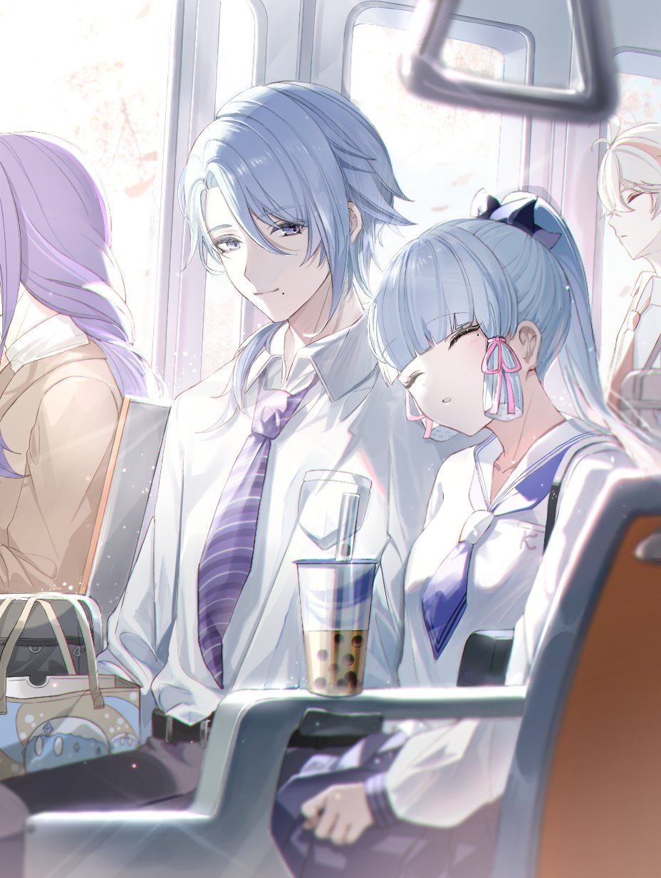 2boys, 2girls, asymmetrical_hair, ayaka_(genshin_impact), bag, belt, black_bag, black_belt