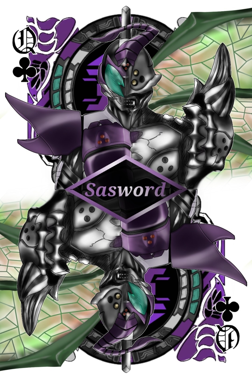 armor, character_name, colored_skin, dual_persona, english_text, fangs, highres, kajillrecaller, kamen_rider, kamen_rider_kabuto_(series), kamen_rider_sasword, kamishiro_tsurugi, monster, power_armor, scorpio_worm, scorpion, spikes, tokusatsu