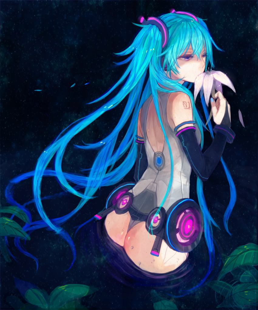 1girl, aqua_hair, ass, back, bridal_gauntlets, female_focus, flower, hatsune_miku