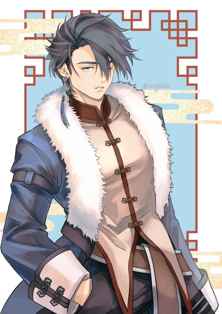 1boy, black_hair, blue_eyes, chinese_clothes, earrings, eiyuu_densetsu, fur_collar, hair_over_one_eye