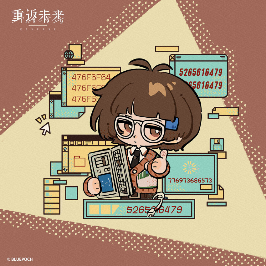 1girl, antenna_hair, belt, black_necktie, black_pants, bob_cut, brown_background, brown_belt, brown_eyes, brown_hair, brown_sweater, cable, chibi, ciphertext, closed_mouth, code, collared_shirt, computer, copyright_name, copyright_notice, cropped_torso, cursor, dot_mouth, emoticon, expressionless, floppy_disk, glasses, hair_ornament, hairclip, halftone, halftone_background, highres, holding, icon_(computing), jacket, john_titor_(reverse:1999), logo, looking_at_viewer, necktie, official_art, pants, reverse:1999, shirt, short_hair, solo, sweater, sweater_jacket, thumbs_up, triangle, upper_body, white-framed_eyewear, white_shirt, window_(computing), yellow_background