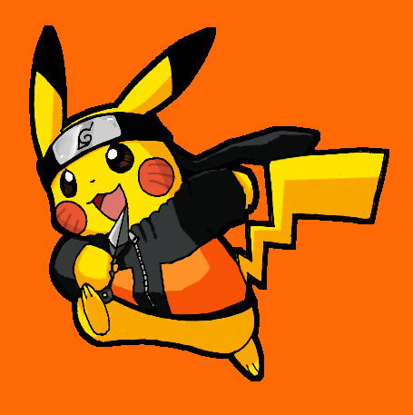 clothed_pokemon, cosplay, forehead_protector, gen_1_pokemon, konohagakure_symbol, kunai, lowres, naruto_(classic), naruto_(series), nintendo, no_humans, pikachu, pokachuu, pokemon, pokemon_(creature), solo, uzumaki_naruto, uzumaki_naruto_(cosplay), weapon