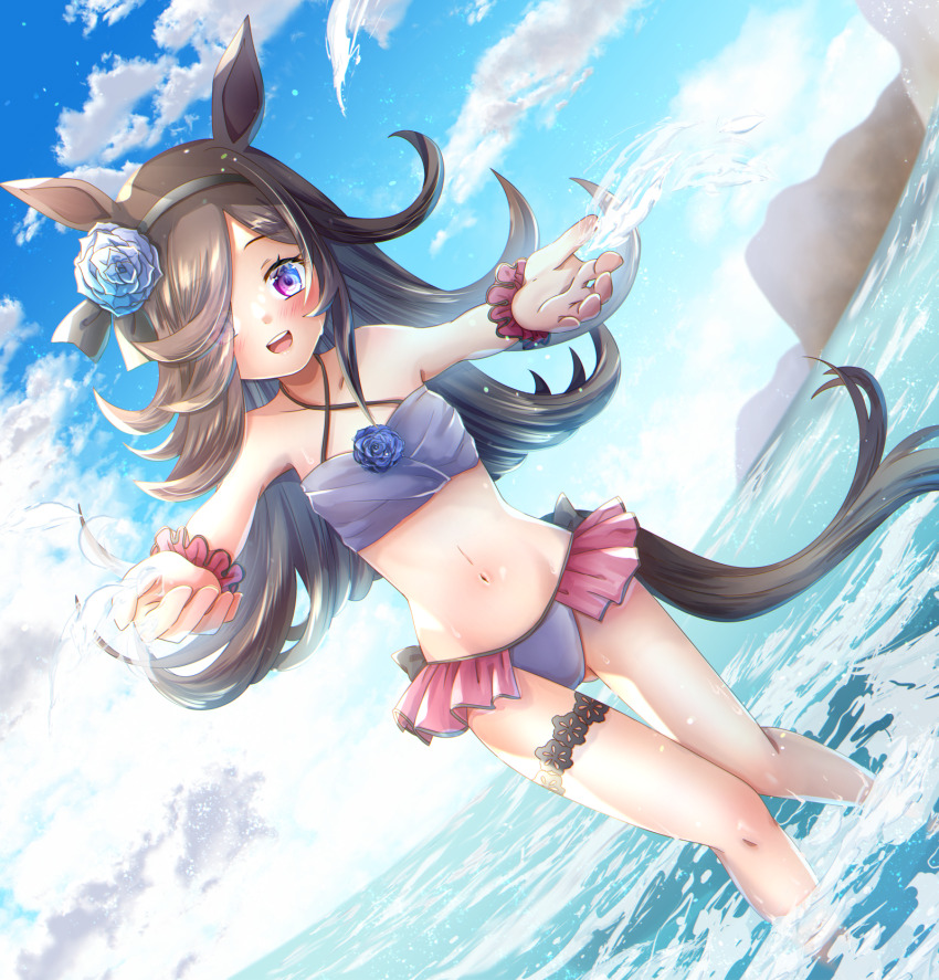 1girl, animal_ears, black_hair, blush, breasts, collarbone, commentary_request, dutch_angle, flower, hair_ornament, hair_over_one_eye, headband, highres, horse_ears, horse_girl, horse_tail, navel, ocean, open_mouth, outstretched_arms, purple_eyes, rice_shower_(umamusume), sky, small_breasts, solo, spread_arms, standing, swimsuit, tail, thigh_strap, umamusume, water, yukiomi_kizuki