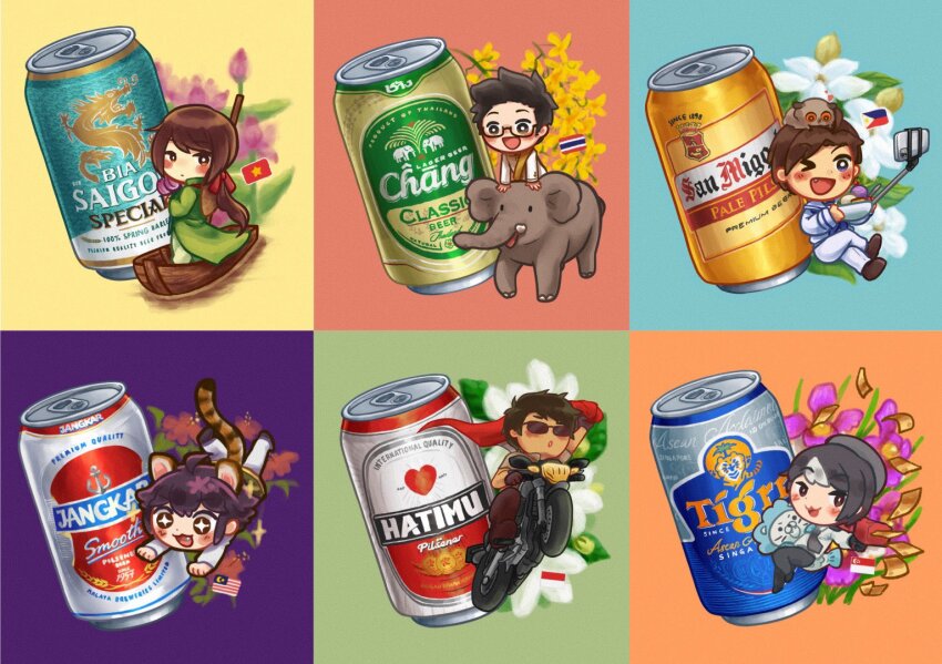 1girl, 5boys, animal, animal_ears, animal_on_head, axis_powers_hetalia, beer_can, can