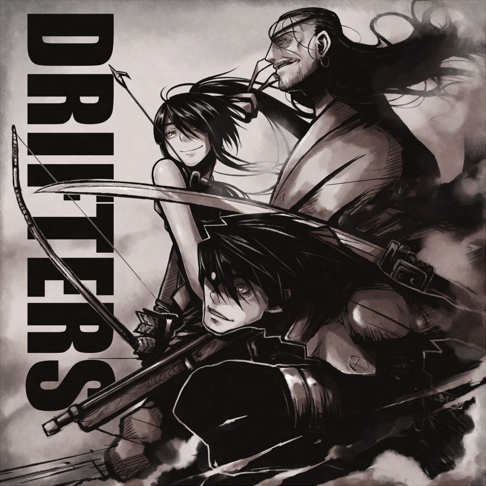 10s, 3boys, androgynous, arrow_(projectile), bow_(weapon), drifters, eyepatch, glowing