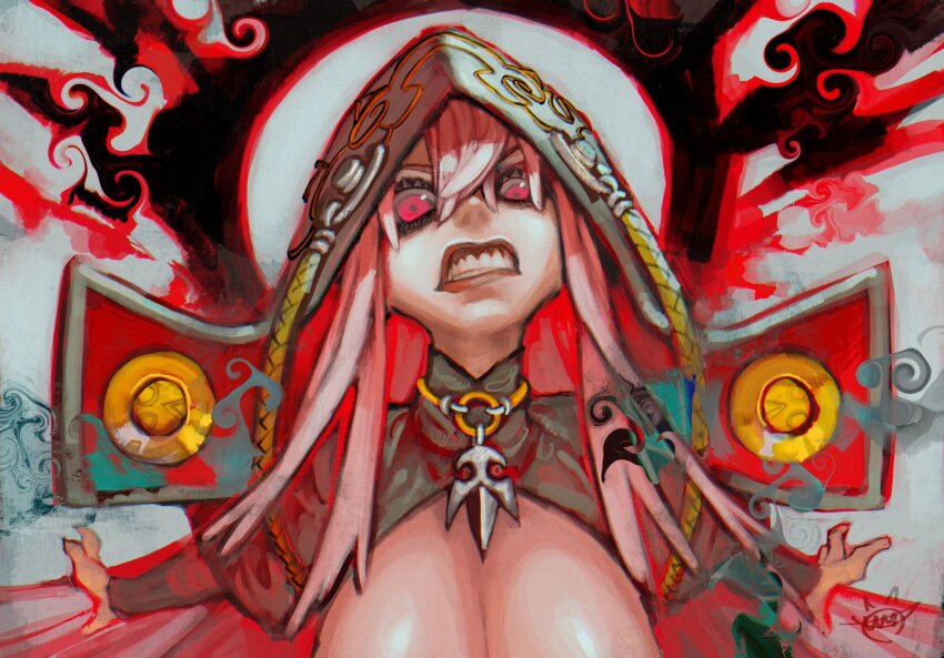 1girl, angry, armor, breasts, cleavage, crown, highres, hololive