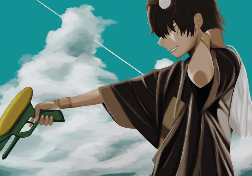 1boy, black_hair, black_shirt, blue_sky, cloud, commentary_request, cumulonimbus_cloud, fingernails