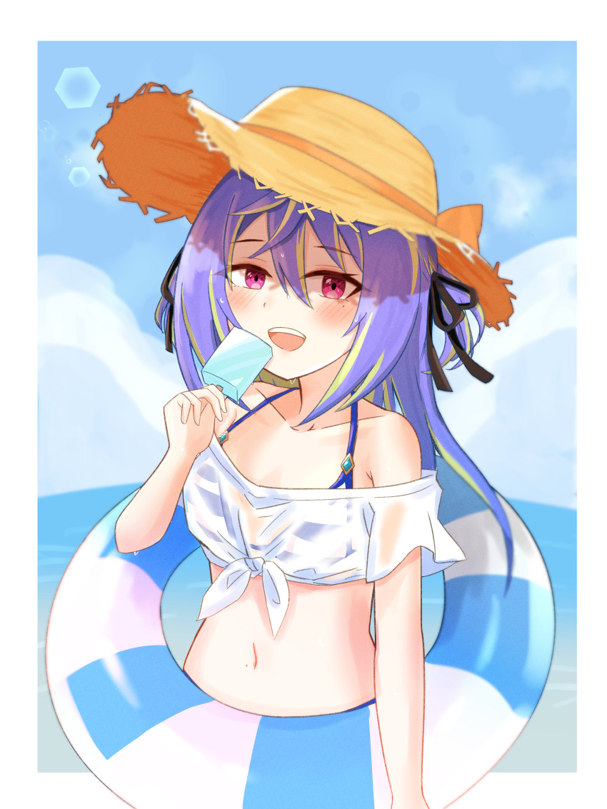 1girl, absurdres, alternate_costume, beach, blue_hair, blue_sky, blush, breasts