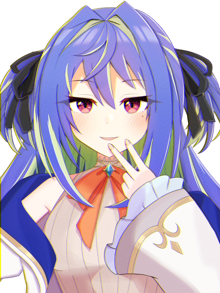1girl, absurdres, black_ribbon, blue_hair, bow, bowtie, breasts, brooch, brown_shirt, coat, commentary_request, fingernails, frilled_sleeves, frills, green_hair, hair_intakes, hair_ribbon, highres, jewelry, long_hair, long_sleeves, looking_at_viewer, mole, mole_under_eye, multicolored_hair, nanashi_inc., open_clothes, open_coat, open_mouth, orange_bow, orange_bowtie, pink_eyes, ribbon, salmon231, shirt, simple_background, small_breasts, smile, solo, striped_clothes, striped_shirt, suzumi_nemo, suzumi_nemo_(1st_costume), two-tone_hair, two_side_up, upper_body, vertical-striped_clothes, vertical-striped_shirt, virtual_youtuber, white_background, white_coat