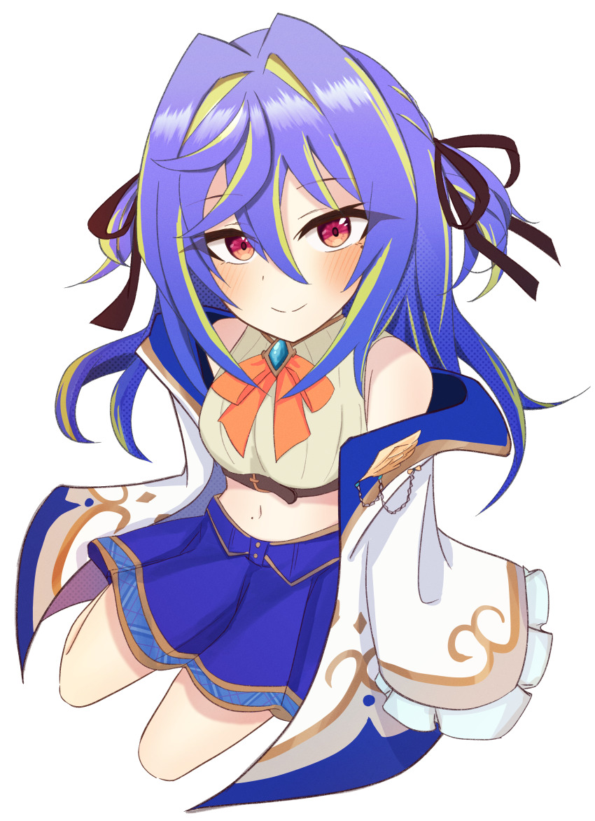 1girl, absurdres, belt, black_ribbon, blue_hair, blue_skirt, blush, bow, bowtie, breasts, brooch, brown_belt, buttons, chest_belt, closed_mouth, coat, commentary_request, crop_top, frilled_sleeves, frills, full_body, green_hair, hair_between_eyes, hair_intakes, hair_ribbon, highres, jewelry, long_bangs, long_hair, long_sleeves, looking_at_viewer, midriff, mole, mole_on_stomach, mole_under_eye, multicolored_hair, nanashi_inc., navel, off_shoulder, open_clothes, open_coat, orange_bow, orange_bowtie, plaid_trim, red_eyes, ribbon, salmon231, shirt, simple_background, skirt, sleeves_past_fingers, sleeves_past_wrists, small_breasts, smile, solo, split_mouth, striped_clothes, striped_shirt, suzumi_nemo, suzumi_nemo_(1st_costume), transparent_background, two-tone_hair, two_side_up, vertical-striped_clothes, vertical-striped_shirt, virtual_youtuber, white_coat