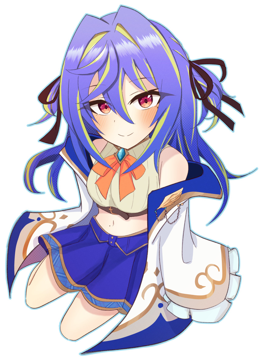 1girl, absurdres, belt, black_ribbon, blue_hair, blue_skirt, blush, bow