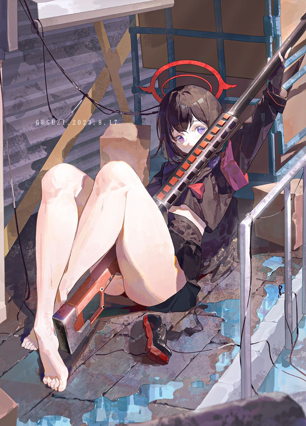1girl, barefoot, between_legs, black_gloves, black_hair, blue_archive, fingerless_gloves, gloves, guguzi, gun, halo, highres, mashiro_(blue_archive), purple_eyes, rifle, shoes, unworn_shoes, solo, weapon