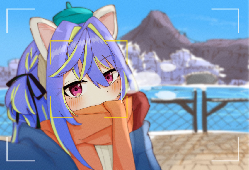 1girl, alternate_costume, animal_ears, black_ribbon, blue_coat, blue_hair, blush, breath