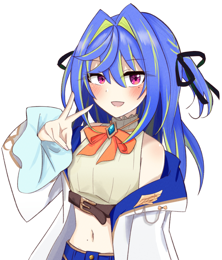 1girl, :d, belt, black_ribbon, blue_hair, blue_skirt, blush, bow