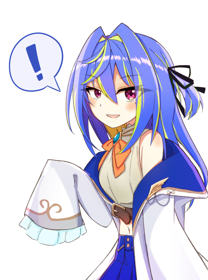 !, belt, black_ribbon, blue_hair, blue_skirt, blush, bow, bowtie