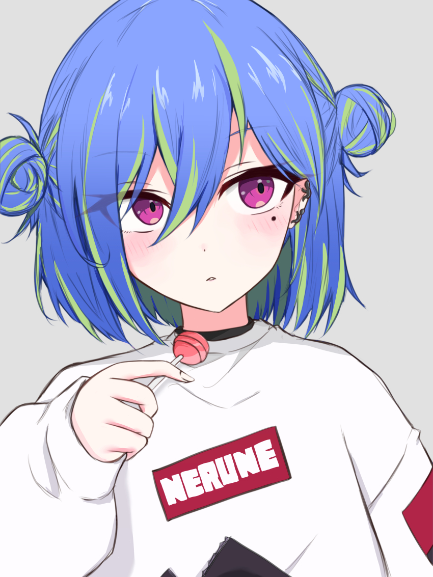 1girl, absurdres, blue_hair, blush, candy, chupa_chups, commentary_request, double_bun
