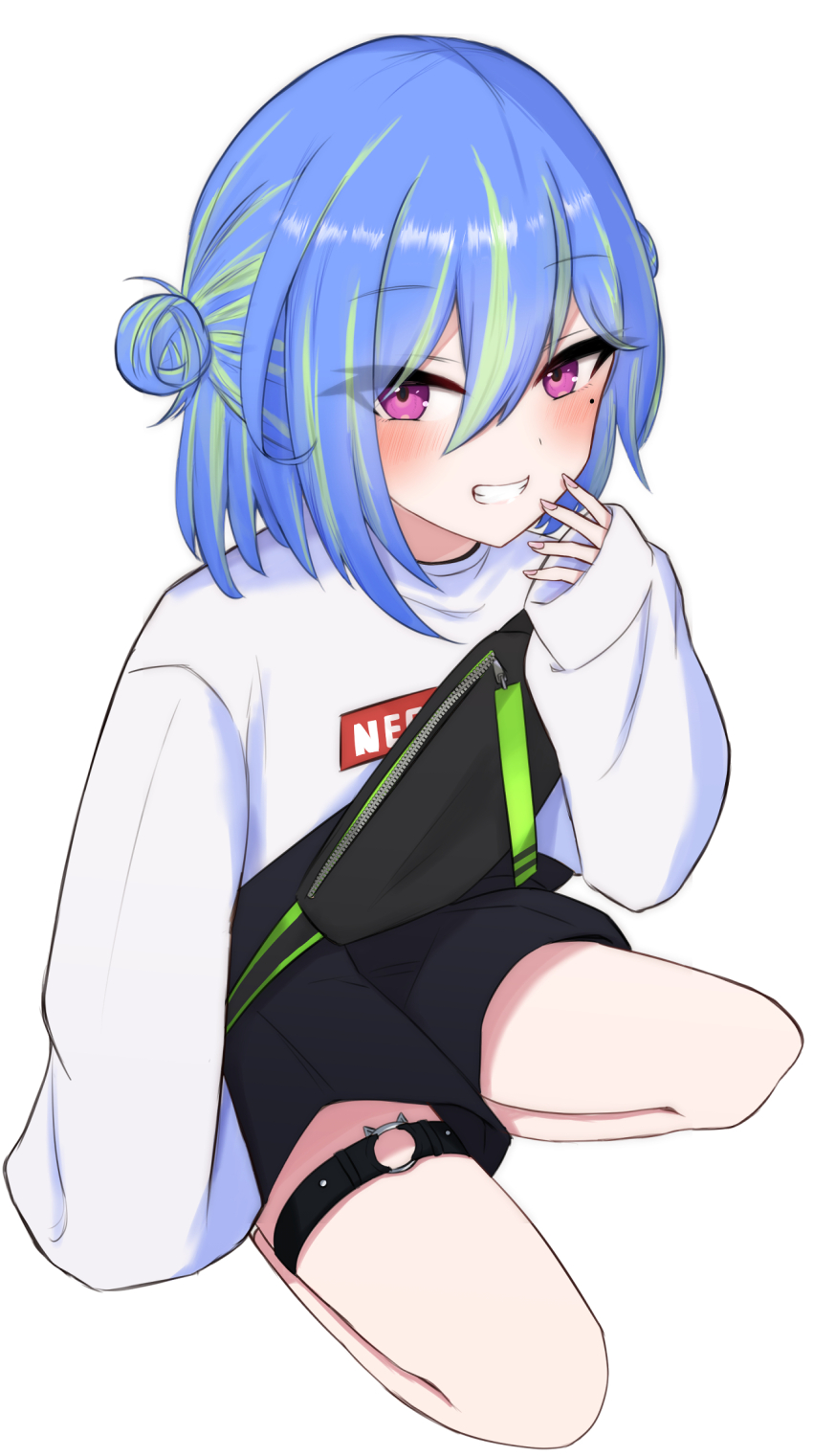 1girl, black_shorts, blue_hair, blush, commentary_request, double_bun, fingernails, flat_chest