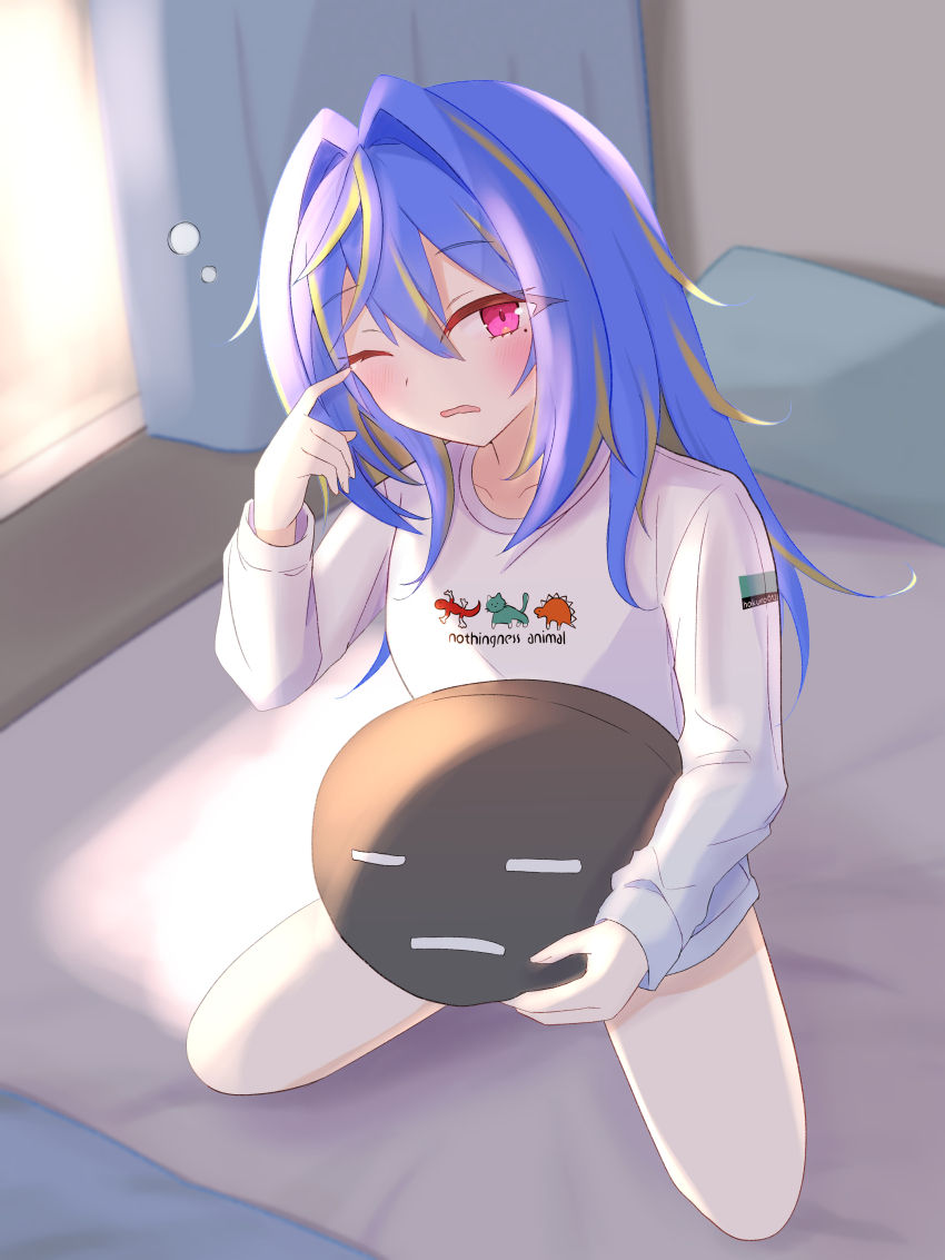 1girl, absurdres, alternate_costume, bed, blue_hair, blush, breasts, commentary_request