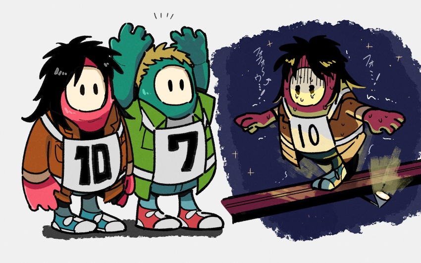 2boys, arms_up, balancing, black_hair, blonde_hair, blue_footwear, blue_pants, brown_jacket