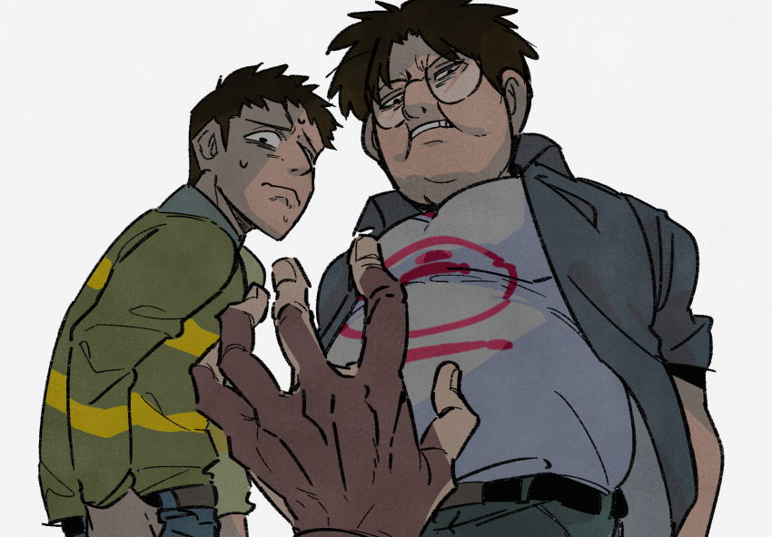 3boys, andou_mamoru, belt, black_belt, black_eyes, black_shirt, brown_hair, closed_mouth, collared_shirt, commentary_request, fat, fat_man, fingernails, frown, furuhata_takeshi, gambol_shroud, glasses, green_sweater, highres, inudori, itou_kaiji, tobaku_mokushiroku_kaiji, looking_at_viewer, male_focus, multiple_boys, open_clothes, open_shirt, pov, shirt, short_hair, simple_background, sweater, upper_body, very_short_hair, wavy_mouth, white_background, white_shirt