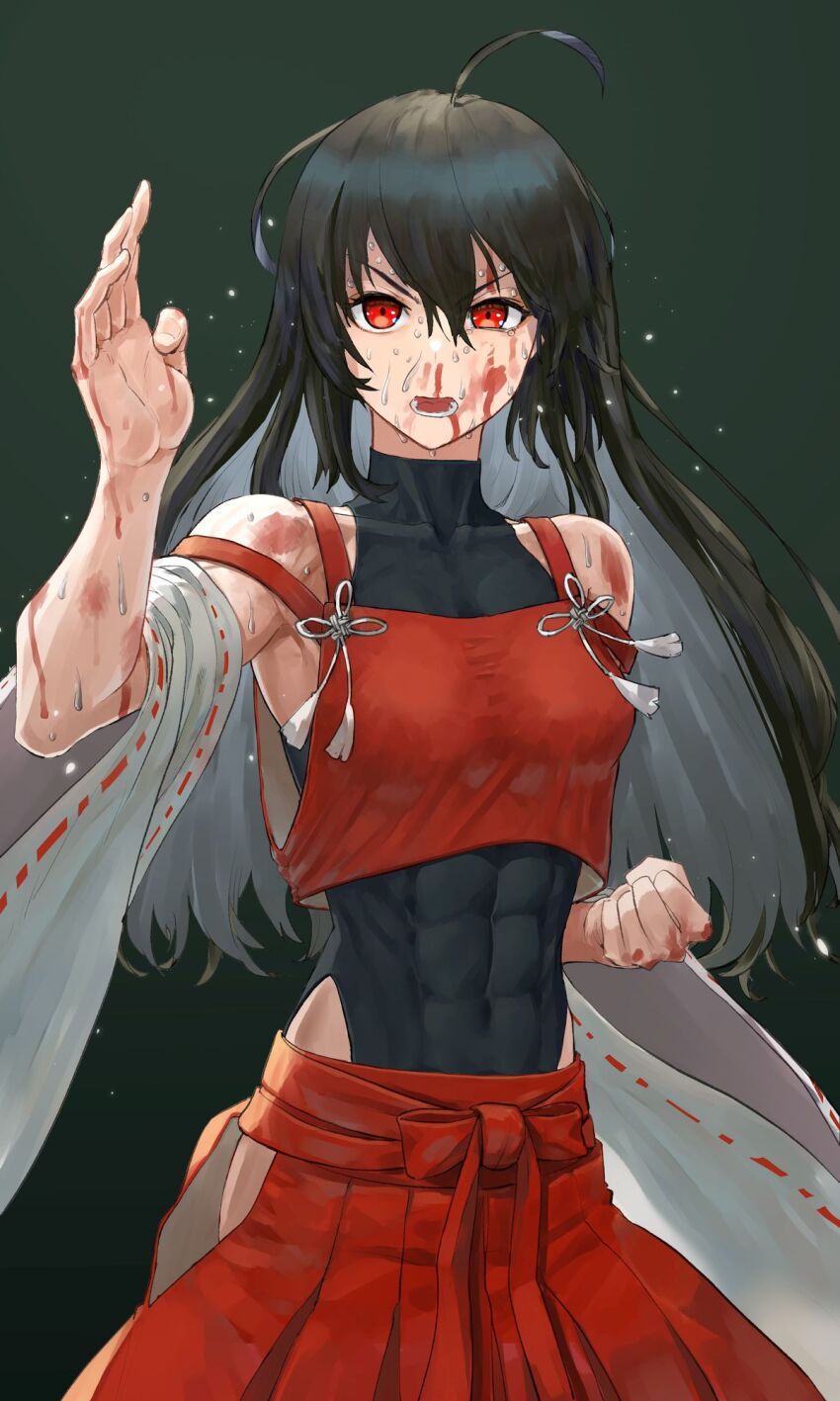 1girl, abs, ahoge, armpits, black_hair, bleeding, blood, blood_from_mouth, blood_on_face, blood_on_hands, covered_abs, detached_sleeves, hair_between_eyes, hakama, hakama_pants, hakama_skirt, harapan-kun, highres, huge_ahoge, japanese_clothes, leotard, long_hair, martial_arts_belt, muscular, muscular_female, nontraditional_miko, nosebleed, open_mouth, pants, red_eyes, red_hakama, sendai_hakurei_no_miko, sendai_hakurei_no_miko_(m.u.g.e.n), simple_background, skirt, solo, sweat, touhou, very_sweaty