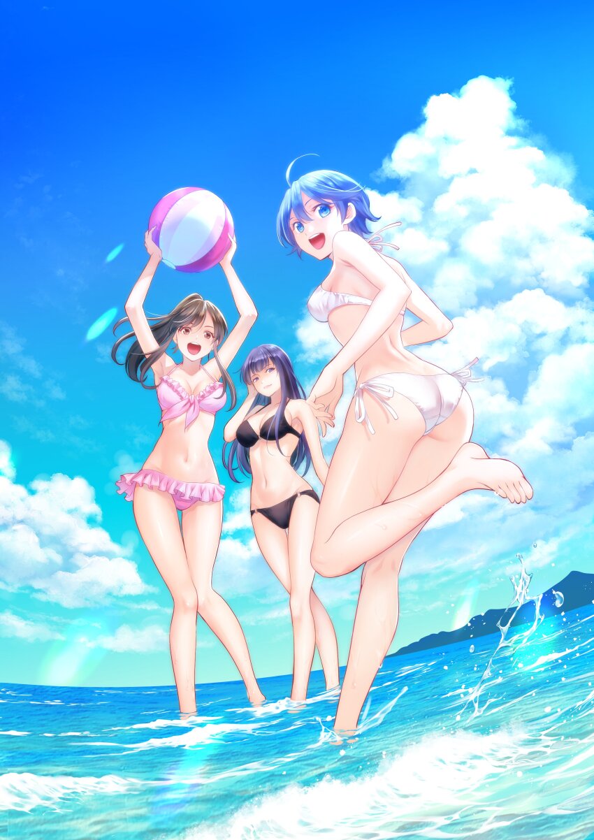 3girls, absurdres, adjusting_hair, ahoge, akitsuki_fuuka, arm_up, armpits, ass, back, ball, barefoot, beachball, bikini, black_bikini, blue_eyes, blue_hair, breasts, brown_eyes, brown_hair, cleavage, closed_mouth, day, feet, feet_out_of_frame, frilled_skirt, frills, front-tie_bikini_top, front-tie_top, fuuka, halterneck, hands_up, high_ponytail, highres, holding, holding_ball, horizon, iwami_sara, koyuki_hinashi, large_breasts, long_hair, looking_at_viewer, looking_back, medium_breasts, multiple_girls, o-ring, o-ring_bikini, ocean, official_art, open_mouth, partially_submerged, pink_bikini, ponytail, seo_kouji, side-tie_bikini_bottom, skirt, sky, splashing, standing, standing_on_one_leg, swimsuit, teeth, thigh_gap, thighs, upper_teeth_only, white_bikini