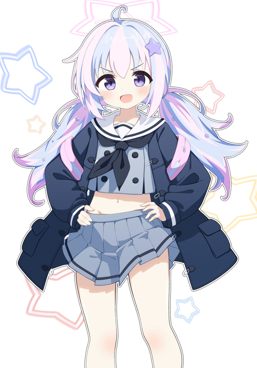 1girl, :d, absurdres, acalephea, ahoge, black_coat, blue_archive, coat