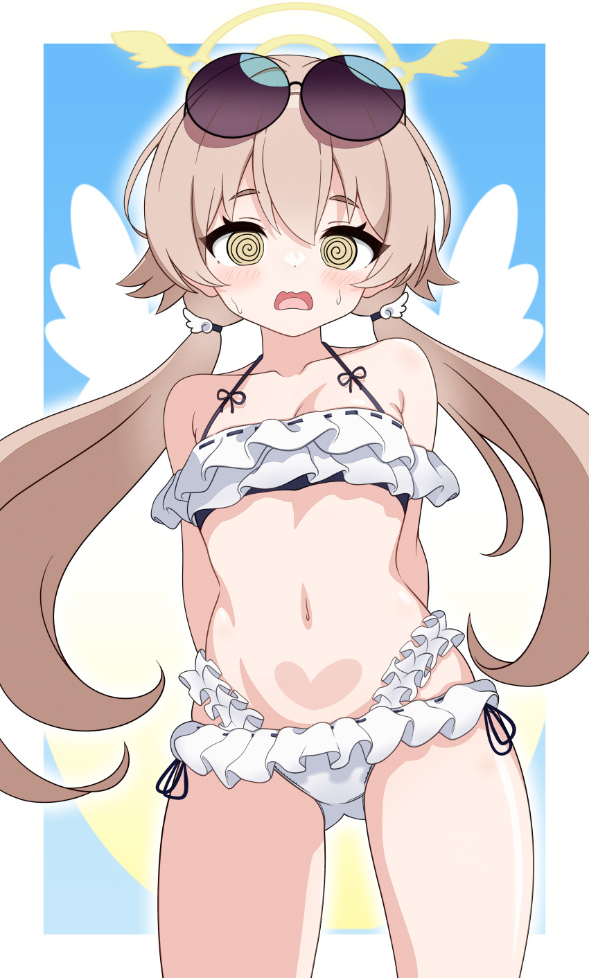 1girl, :o, @_@, absurdres, acalephea, arms_behind_back, bikini, blue_archive