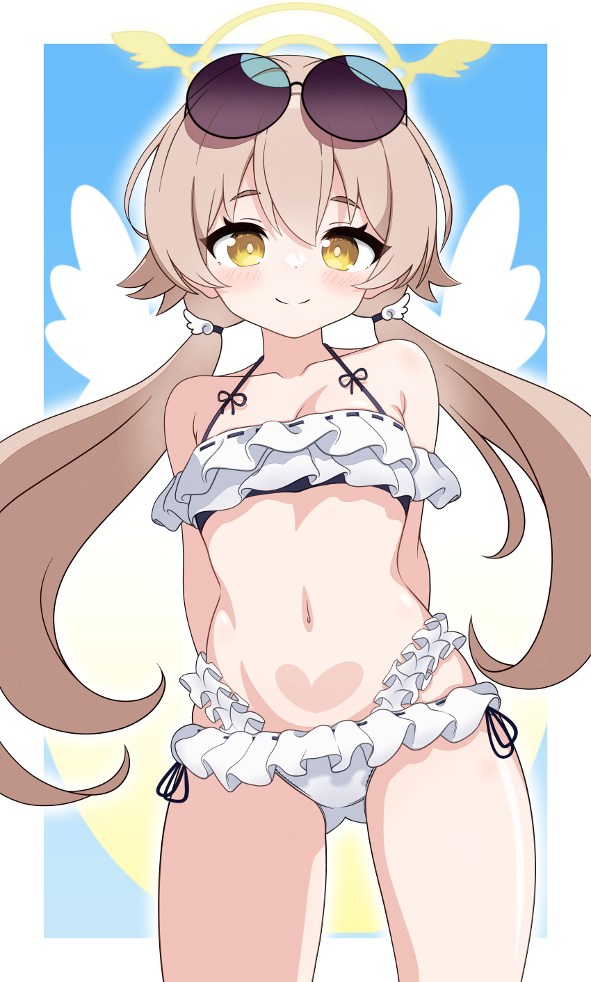 1girl, absurdres, acalephea, arms_behind_back, bikini, blue_archive, brown_hair, collarbone, commentary_request, frilled_bikini, frills, gluteal_fold, hair_between_eyes, hair_ornament, halo, hifumi_(blue_archive), hifumi_(swimsuit)_(blue_archive), highres, long_hair, looking_at_viewer, low_twintails, navel, official_alternate_costume, sidelocks, simple_background, sleeveless, smile, solo, spaghetti_strap, stomach, sunglasses, swimsuit, twintails, two-tone_background, white_bikini, wing_hair_ornament, yellow_eyes
