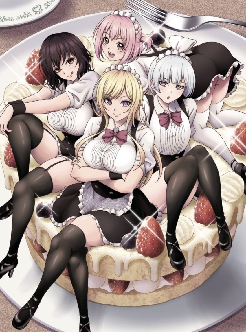 4girls, akiyama_ringo, all_fours, amaama_cinderella, apron, ass, black_corset, black_footwear