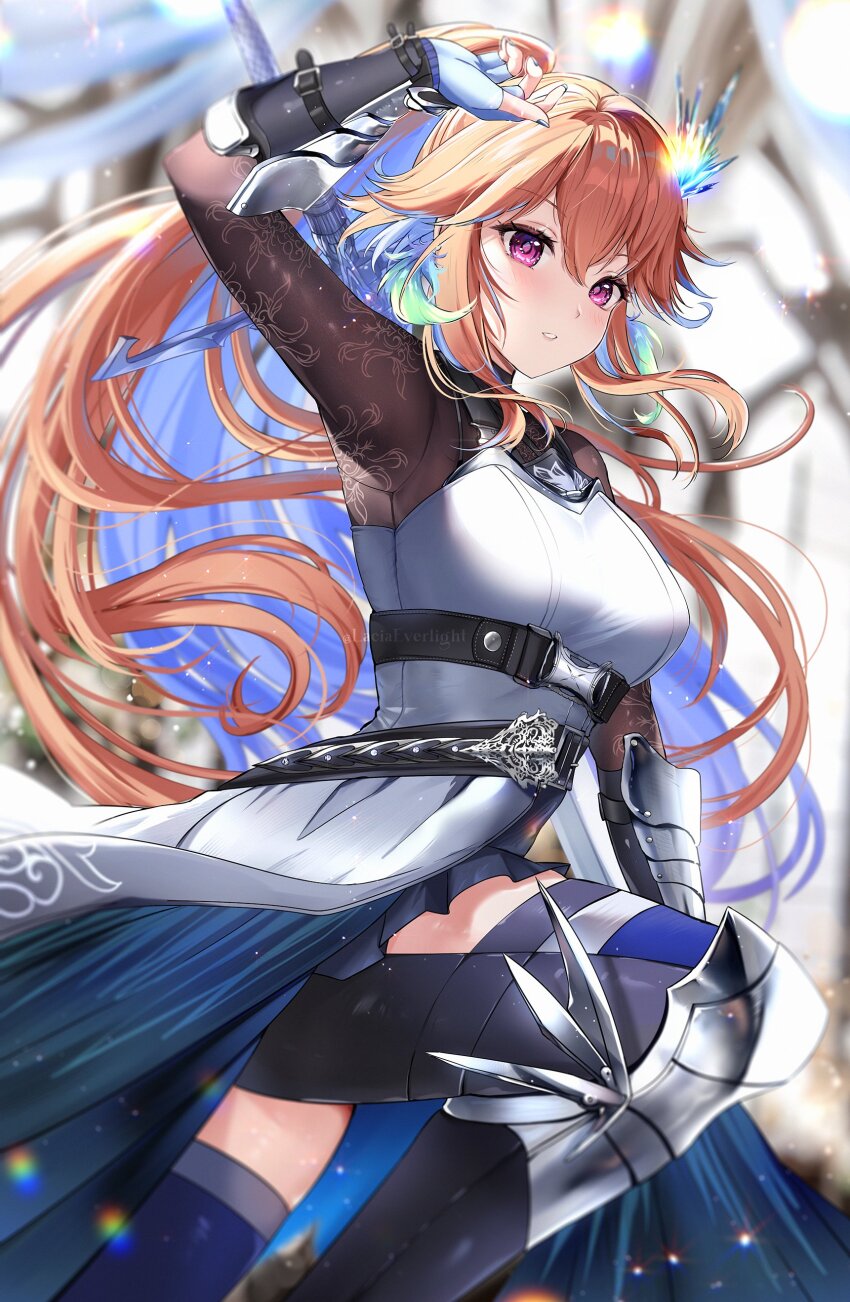 1girl, absurdres, arm_up, armor, belt, blue_hair, earrings, feather_earrings