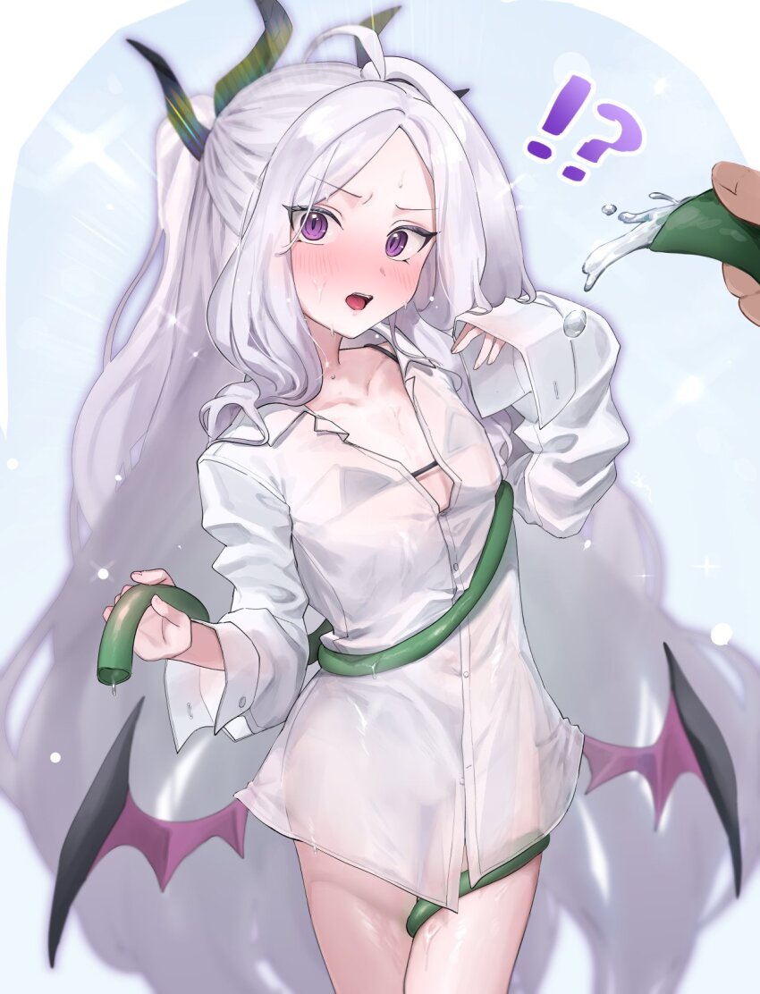 !?, 1boy, 1girl, ahoge, alternate_costume, bikini, black_bikini, blue_archive, blurry, blush, breasts, collarbone, commentary_request, cosplay, demon_girl, demon_horns, demon_wings, depth_of_field, embarrassed, flat_chest, forehead, halo, hanako_(blue_archive), hanako_(blue_archive)_(cosplay), hanako_(swimsuit)_(blue_archive), highres, hina_(blue_archive), holding, holding_hose, horns, hose, loli, long_hair, long_sleeves, looking_at_viewer, oomabiblogo2, out_of_frame, oversized_clothes, oversized_shirt, parted_bangs, ponytail, pov, pov_hands, purple_eyes, see-through_clothes, see-through_shirt, sensei_(blue_archive), shirt, sidelocks, sweatdrop, swimsuit, two-tone_background, v-shaped_eyebrows, wavy_hair, wet, wet_clothes, wet_shirt, white_hair, white_shirt, wings